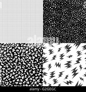 Set of retro vintage 80s seamless pattern in black and white with memphis fashion style geometric shapes, grid, bolt. Ideal for  Stock Vector