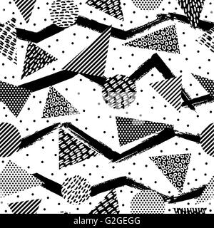 Retro vintage 80s memphis fashion style seamless pattern illustration in black and white. Ideal for web background, print or fab Stock Vector