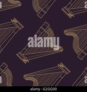 vector monochrome gold harp decoration seamless pattern isolated dark background Stock Vector