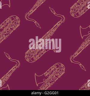 vector monochrome gold saxophone decoration seamless pattern isolated purple background Stock Vector