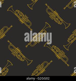 vector monochrome gold trumpet decoration seamless pattern isolated dark background Stock Vector