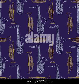 vector colorful yellow trumpet and blue saxophone decoration seamless pattern isolated dark indigo background Stock Vector