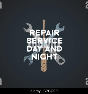 vector colored vintage repair service logo crossed wrench spanner and screwdriver grunge textured sign isolated dark background Stock Vector