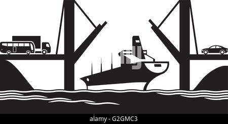 Merchant ship passes under a drawbridge - vector illustration Stock Vector