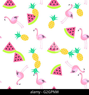 Tropic summer seamless white pattern with watermelon, flamingo and pineapples. Pink and yellow fun pattern. Stock Photo