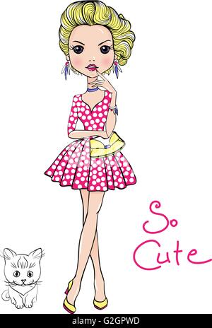 Vector Pop Art cute fashion girl with cat Stock Vector