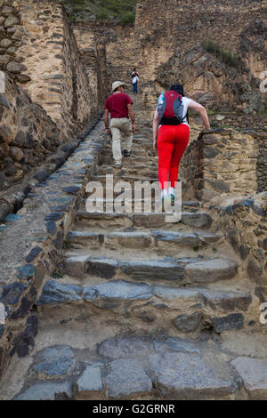 Tourists climbing up the side of old Incan agricultural terraces in Ollantaytambo, Peru Stock Photo