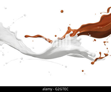 chocolate and milk splashing against white background Stock Photo