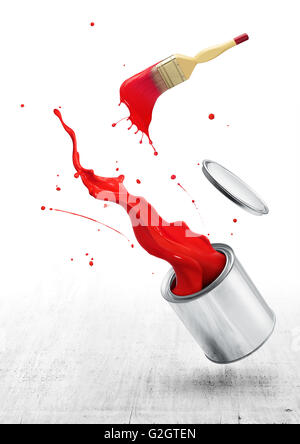 red paint splashing out from its bucket with paintbrush Stock Photo
