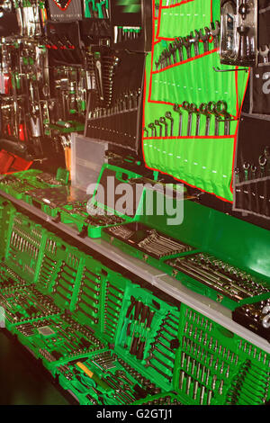 Toolboxes and toolkit in the shop Stock Photo