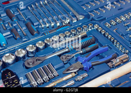 Toolboxes and toolkit in the shop Stock Photo