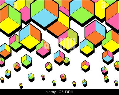 abstract falling 3d cubes. Graphic geometric background. Colorful cubes. Funny bright colors. Hexagonal shapes. Vector illustration background Stock Vector