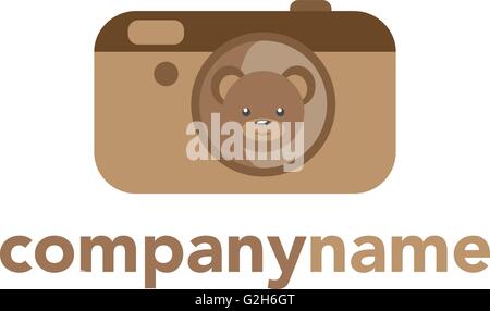 Kids logo. Flat logo, emblem, logotype. Camera Teddy Bear Cute brown Bear in simple flat style Stock Vector