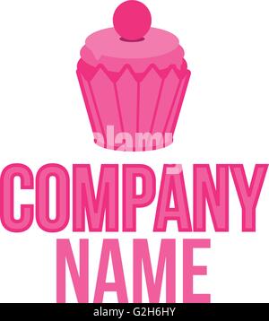 Cake shop logo, sweet cupcake with pink cream retro dessert emblem template design element. Mockup birthday or wedding Stock Vector