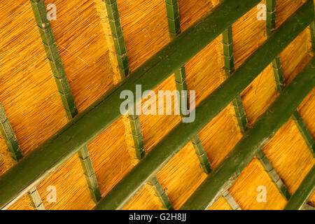 Inside of a thatched hut roof at the Stanley and Livingstone Hotel near Victoria Falls, Zimbabwe, Africa. Stock Photo