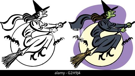 Witch flying on a magic broomstick against the full moon over graveyard ...