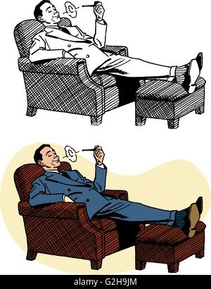 Man smoking pipe in an easy chair Stock Vector