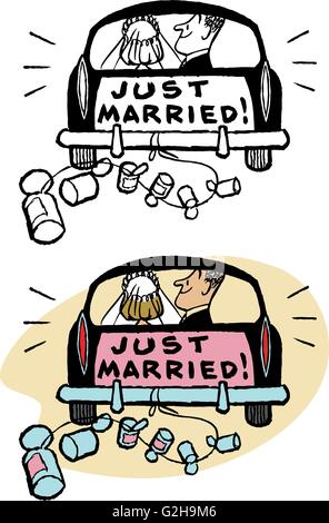 A newlywed couple drives away in their car labeled with Just Married Stock Vector