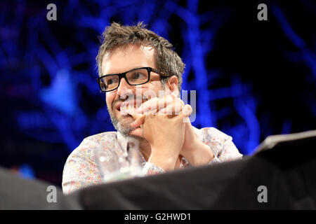 Hay Festival, Wales, UK - June 2016 -  Comedian Marcus Brigstocke on stage at the Hay Festival part of the Early Edition comedy panel. Stock Photo