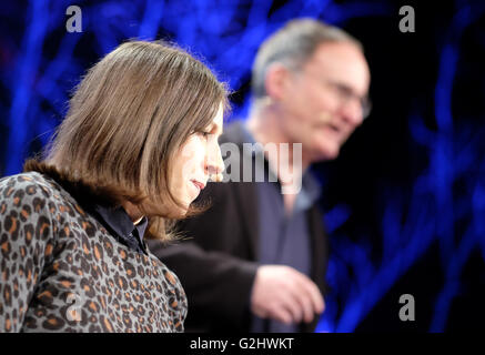 Hay Festival, Wales, UK - June 2016 -  Dr Katy Mair ( foreground ) is the Principal Records Specialist at the National Archives and Professor Gordon McMullan from the Department of English at Kings College London on stage with the presentation Talking About Shakespeare - by Me, William Shakespeare. Photograph Steven May / Alamy Live News Stock Photo