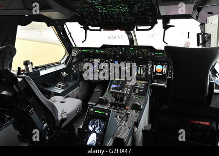 Schoenefeld, Germany. 01st June, 2016. A view of the cockpit of a German Air Force Airbus A400M at the Berlin Air Show (ILA) in Schoenefeld, Germany, 01 June 2016. The air show at Berlin-Schoenefeld Airport is open from 01 to 04 June 2016. Photo: BERND SETTNIK/dpa/Alamy Live News Stock Photo