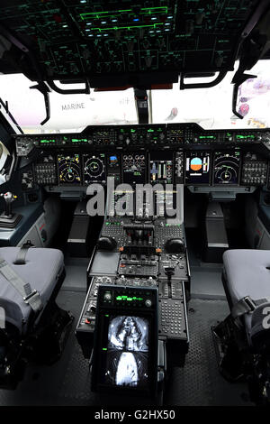 Schoenefeld, Germany. 01st June, 2016. A view of the cockpit of a German Air Force Airbus A400M at the Berlin Air Show (ILA) in Schoenefeld, Germany, 01 June 2016. The air show at Berlin-Schoenefeld Airport is open from 01 to 04 June 2016. Photo: BERND SETTNIK/dpa/Alamy Live News Stock Photo