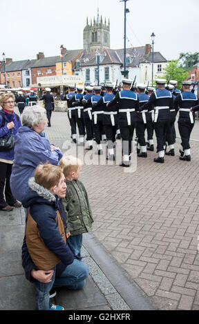 Melton Mowbray June 1st 2016 : Historical military as the ship's company HMS Quorn exercise their right to march through the town street for the first time in 10 years with their colours flying and bayonet’s fixed.   Credit: Clifford Norton/Alamy Live News Stock Photo