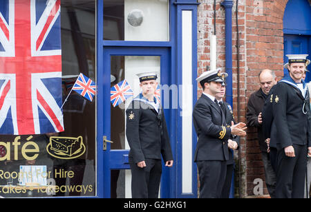 Melton Mowbray June 1st 2016 : Historical military as the ship's company HMS Quorn exercise their right to march through the town street for the first time in 10 years with their colours flying and bayonet’s fixed.   Credit: Clifford Norton/Alamy Live News Stock Photo