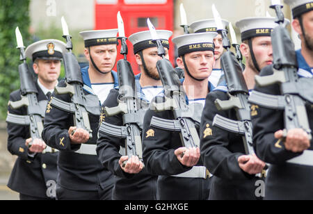 Melton Mowbray June 1st 2016 : Historical military as the ship's company HMS Quorn exercise their right to march through the town street for the first time in 10 years with their colours flying and bayonet’s fixed.   Credit: Clifford Norton/Alamy Live News Stock Photo