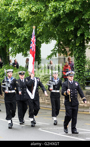 Melton Mowbray June 1st 2016 : Historical military as the ship's company HMS Quorn exercise their right to march through the town street for the first time in 10 years with their colours flying and bayonet’s fixed.   Credit: Clifford Norton/Alamy Live News Stock Photo