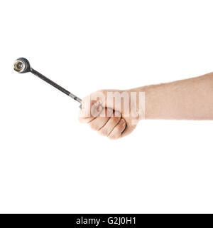 Hand holding a socket wrench tool, composition isolated over the white background Stock Photo