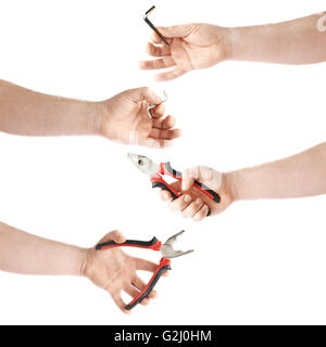 Set of hand holding a working tool, composition isolated over the white background Stock Photo