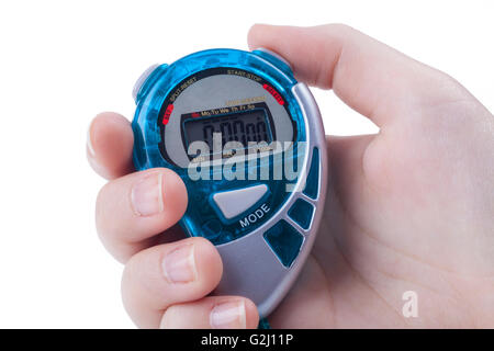 Blue Digital timer in female hand isolated on white background Stock Photo