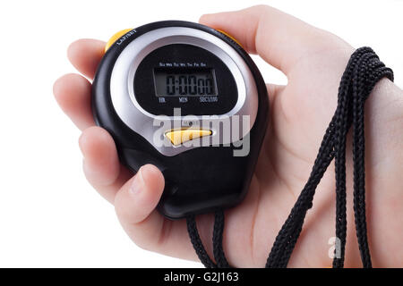 Female Hand holding Black digital stopwatch isolated on white background Stock Photo