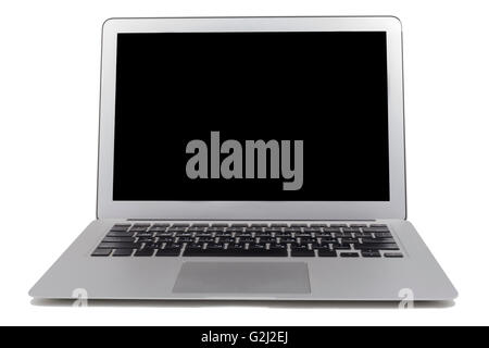 Slim silver laptop with blank black screen isolated on white background Stock Photo