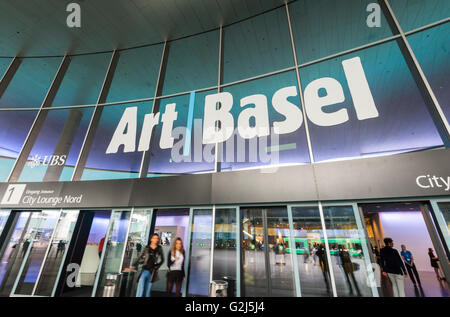 Basel, Switzerland - June 17, 2014: Entry to the Basel exhibition centre 'Messe Basel' in Basel, Switzerland, where Art Basel 2014 takes place. Art Basel is one of the world's largest and most spectacular modern art gatherings. In 2014 the show attracted 92,000 visitors over six show days. Stock Photo