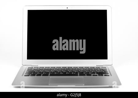 Thisn silver laptop open with black blanc screen isolated on white background Stock Photo