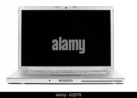 silver laptop front wiev with black screen isolated on white background Stock Photo