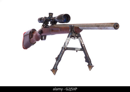 Old Sniper Rifle with scope atached on a tripod isolated on white background Stock Photo