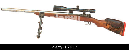 Old Sniper Rifle with scope atached on a tripod isolated on white background Stock Photo