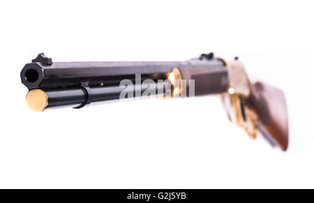 Black Old rifle barrel closeup isolated on white background Stock Photo