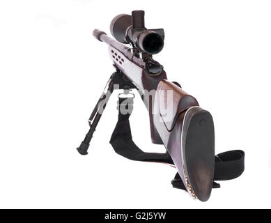 Sniper Rifle with scope atached on a tripod rear view isolated on white background Stock Photo