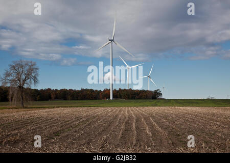 Windmills in farmland of southwestern Ontario (near Lake Erie), Ontario, Canada. Stock Photo