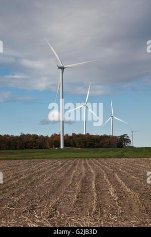 Windmills in farmland of southwestern Ontario (near Lake Erie), Ontario, Canada. Stock Photo