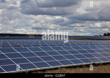 Large solar farm with windmills in background in southwestern Ontario (near Lake Erie), Ontario, Canada. Stock Photo