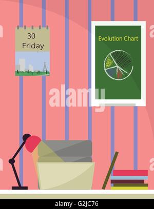 An office room with lamp on desk, books and a printer with notebook. Calendar and chart graphics on the wall. Digital vector ima Stock Vector