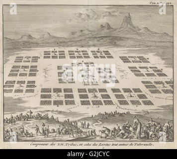 Tent Camps of the twelve tribes of Israel arranged around the tabernacle, Jan Luyken, Pieter Mortier, 1705 Stock Photo