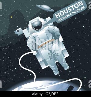 Astronaut in spacesuit flying in space and calling for Houston. Background with stars, planets and galaxies. Digital vector imag Stock Vector
