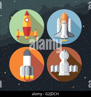 Spaceships icons collection with shuttles and rockets. Digital vector image. Stock Vector