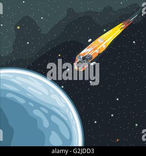 Burning comet flying in space to planet earth. Digital vector image. Stock Vector